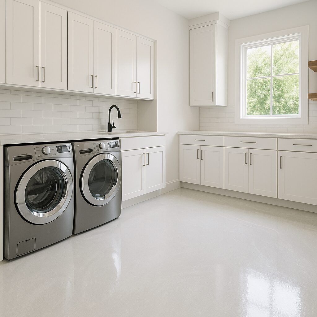 Bright modern laundry room with white cabinets, stainless washer and dryer, and a glossy white epoxy floor with subtle swirl effects.